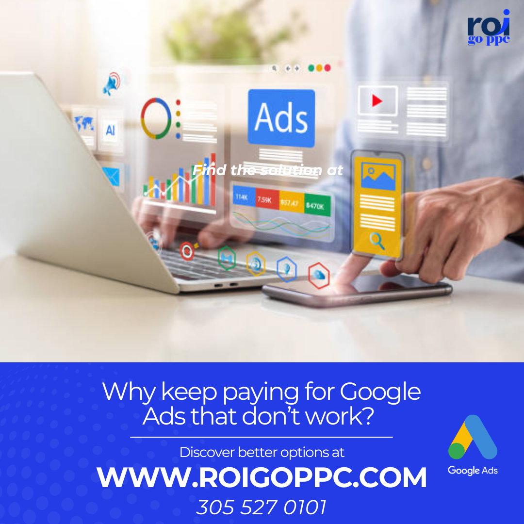 Digital marketing icons over a laptop and phone with a focus on improving Google Ads.